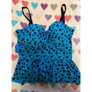 Blue Dot Ruffle Bikini Top Black vintage Insprired xxxl swimsuit top only
